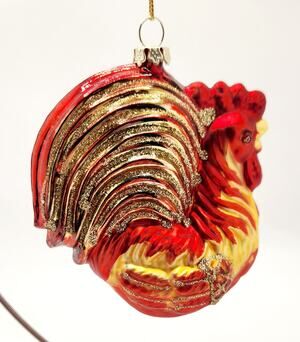 Vintage Hand Blown Glass Rooster Christmas Ornament Red Gold Glitter Farmhouse